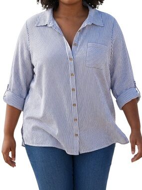 naif 2X Blue White Striped Button Down Shirt Plus Size Relaxed Fit Collared Top